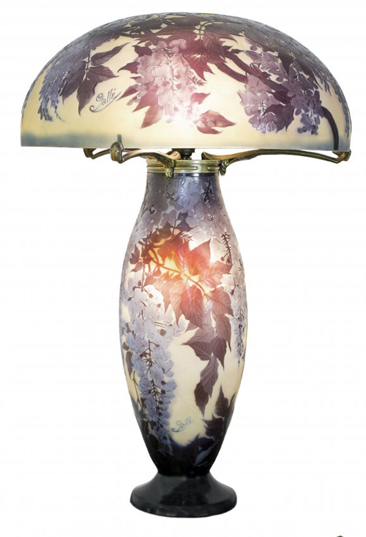 Emile Galle carved cameo glass lamp with signed shade and base, circa 1910, 31 inches tall. A.B. Levy image.